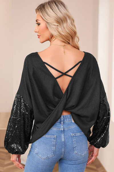 Women's Black Sequin Patchwork Waffle Knit Off-Shoulder Top