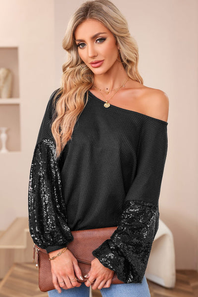 Women's Black Sequin Patchwork Waffle Knit Off-Shoulder Top