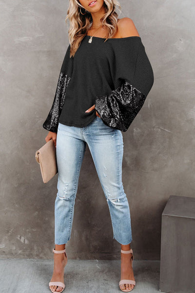 Women's Black Sequin Patchwork Waffle Knit Off-Shoulder Top