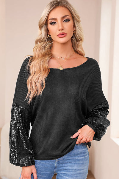 Women's Black Sequin Patchwork Waffle Knit Off-Shoulder Top