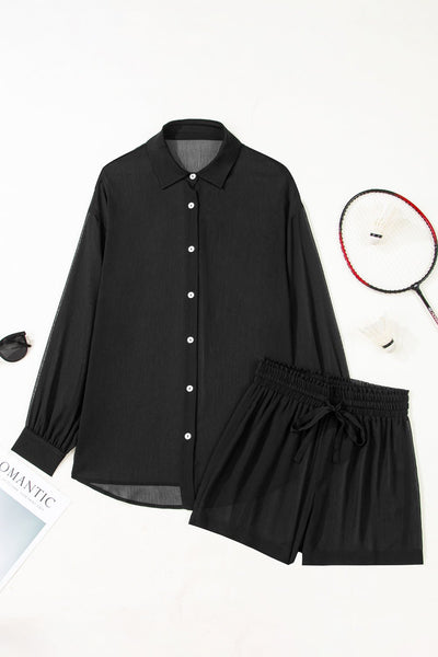 Black Sheer Button-Down Tunic & Drawstring Shorts Set