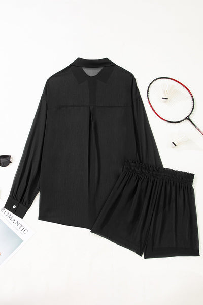 Black Sheer Button-Down Tunic & Drawstring Shorts Set