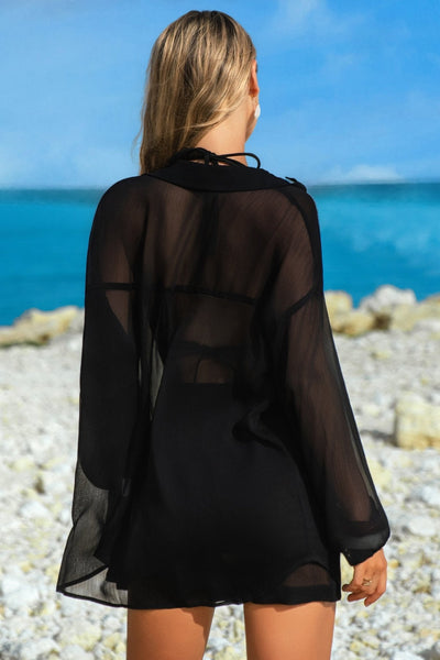 Black Sheer Button-Down Tunic & Drawstring Shorts Set
