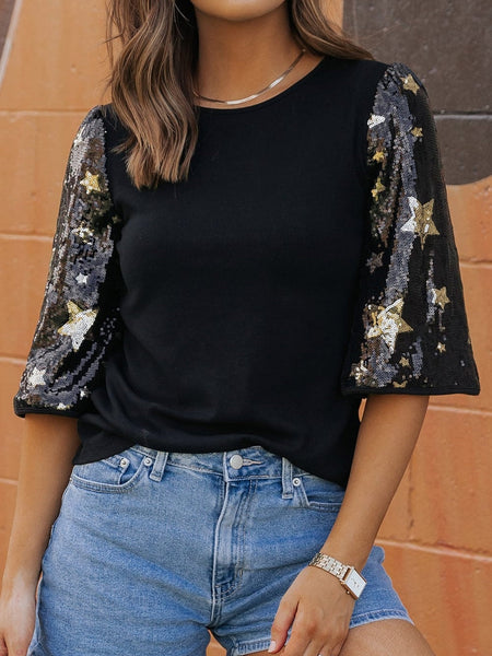 women's sequin star sleeve knit top made for easy styling and wardrobe coordination, with premium-like structure and finish. with practical styling