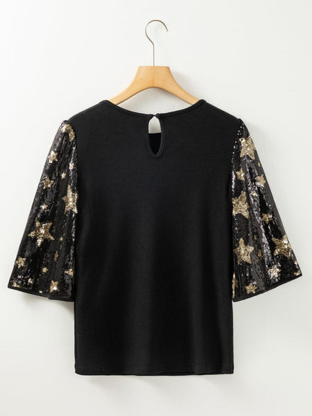 women's sequin star sleeve knit top made for easy styling and wardrobe coordination, with premium-like structure and finish. with practical styling