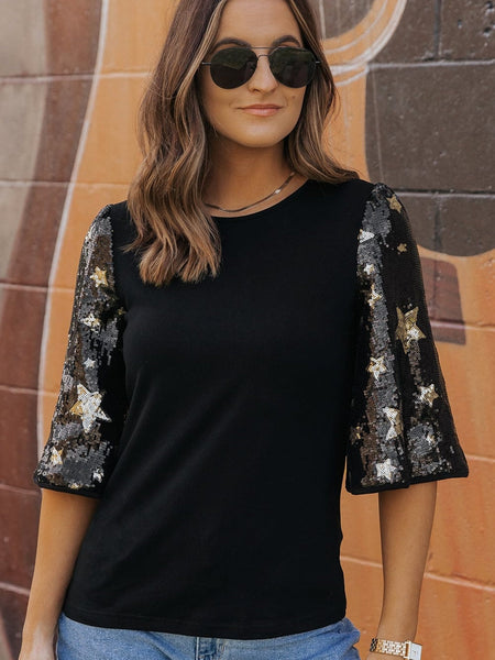 Black Star Sequin Embellished Half Sleeve Knit Top