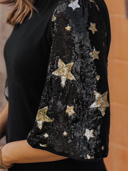 women's sequin star sleeve knit top made for easy styling and wardrobe coordination, with premium-like structure and finish. with practical styling