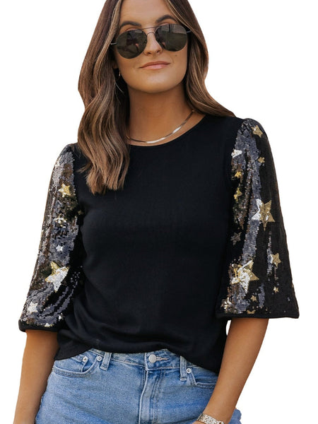 women's sequin star sleeve knit top made for easy styling and wardrobe coordination, with premium-like structure and finish. with practical styling
