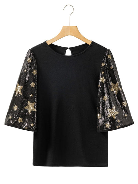 women's sequin star sleeve knit top made for easy styling and wardrobe coordination, with premium-like structure and finish. with practical styling