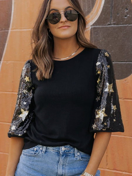 women's sequin star sleeve knit top made for easy styling and wardrobe coordination, with premium-like structure and finish. with practical styling