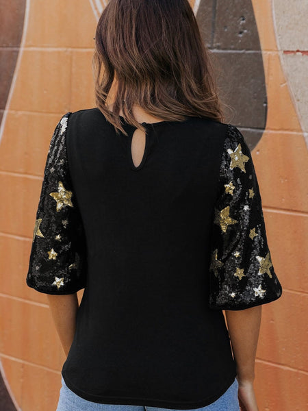Black Star Sequin Embellished Half Sleeve Knit Top