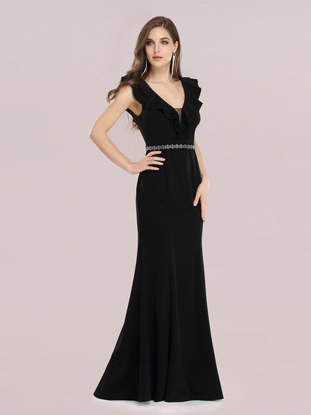 Black V Neck Fishtail Evening Gown with Embellished Belt