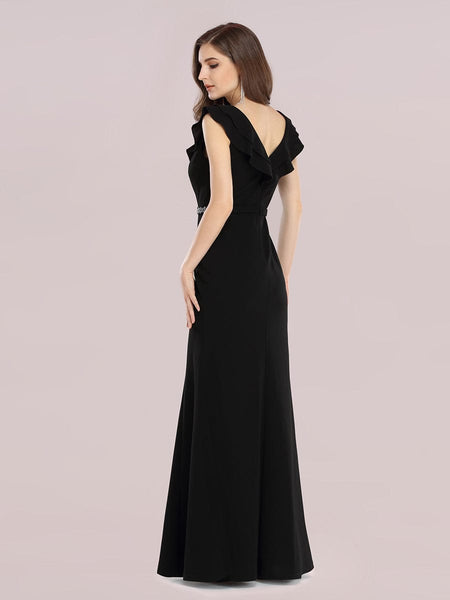 Black V Neck Fishtail Evening Gown with Embellished Belt