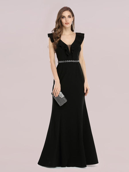 Black V Neck Fishtail Evening Gown with Embellished Belt