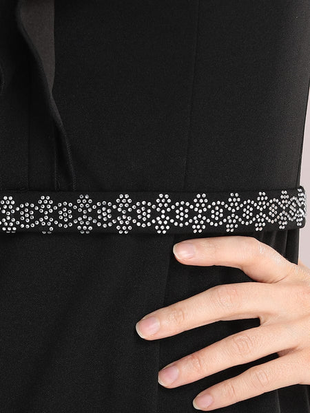 Black V Neck Fishtail Evening Gown with Embellished Belt