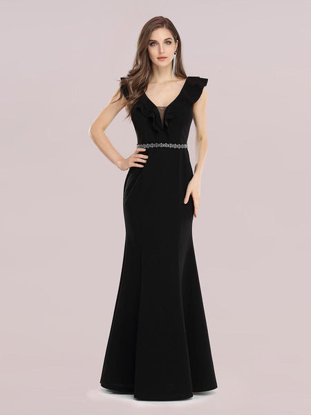 Black V Neck Fishtail Evening Gown with Embellished Belt