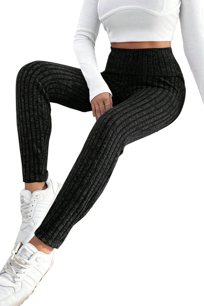 Women's Black Ribbed Knit High-Waist Leggings with Wide Waistband