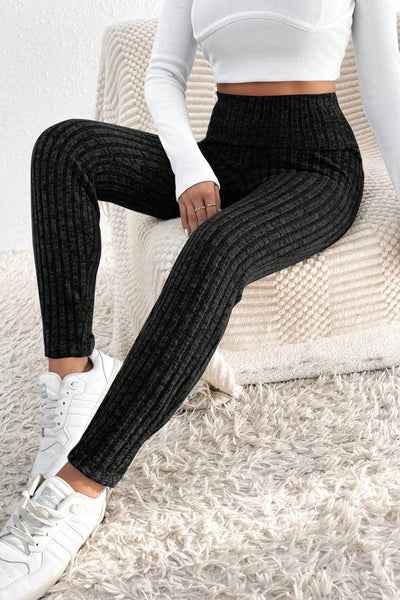 Women's Black Ribbed Knit High-Waist Leggings with Wide Waistband