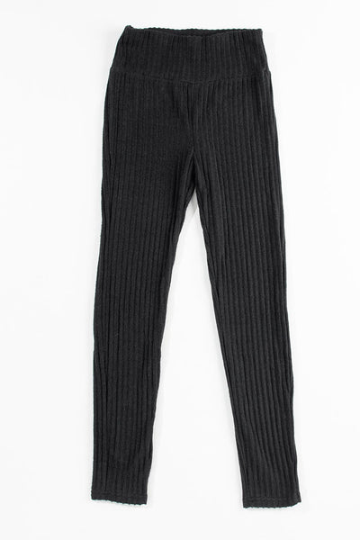 Women's Black Ribbed Knit High-Waist Leggings with Wide Waistband