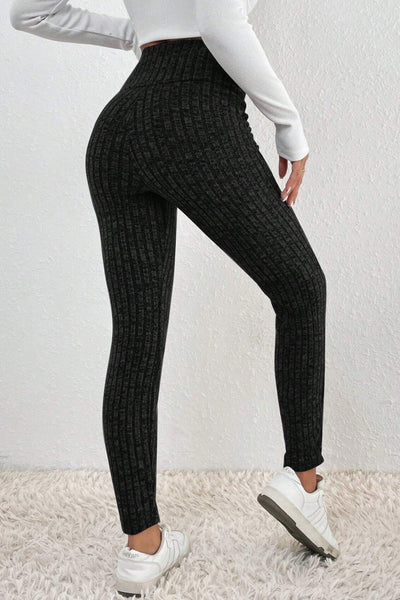 Women's Black Ribbed Knit High-Waist Leggings with Wide Waistband