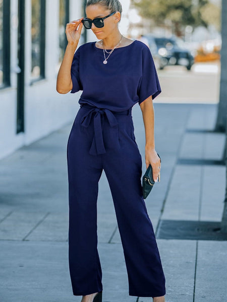 Chic Navy Belted Palazzo Jumpsuit