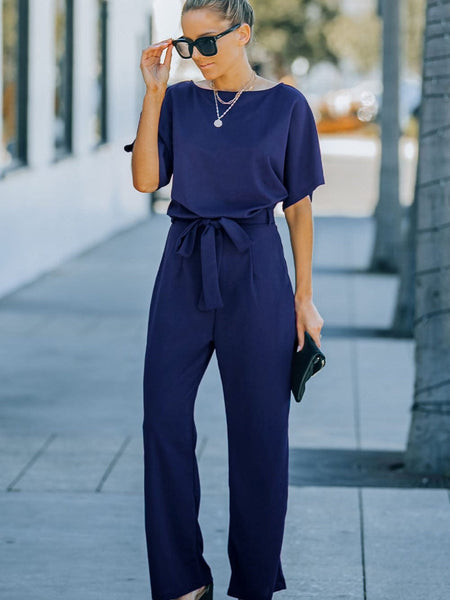 Chic Navy Belted Palazzo Jumpsuit