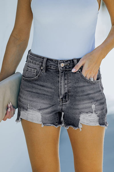 Blue Distressed Fringed Denim Shorts with Ripped Details