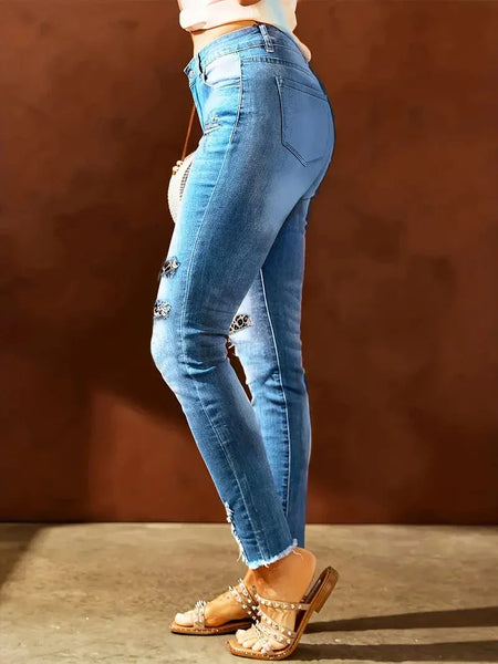 Women's Blue Raw Hem Straight Jeans with Leopard Print Patchwork Detail and Ripped Holes - Women's Denim Clothing