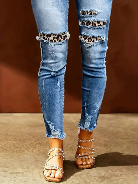 Women's Blue Raw Hem Straight Jeans with Leopard Print Patchwork Detail and Ripped Holes - Women's Denim Clothing
