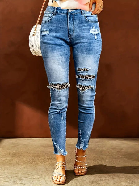 Women's Blue Raw Hem Straight Jeans with Leopard Print Patchwork Detail and Ripped Holes - Women's Denim Clothing