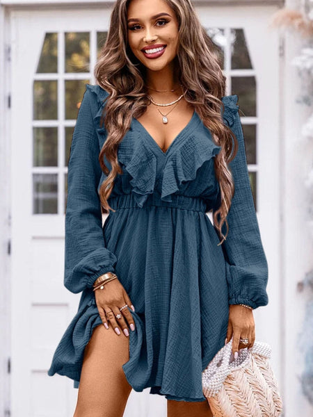Women's Blue Ruffle Mini Dress with Long Sleeves and V-Neck