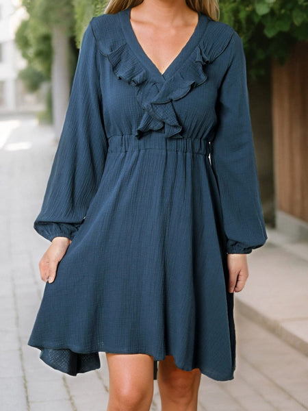 Women's Blue Ruffle Mini Dress with Long Sleeves and V-Neck