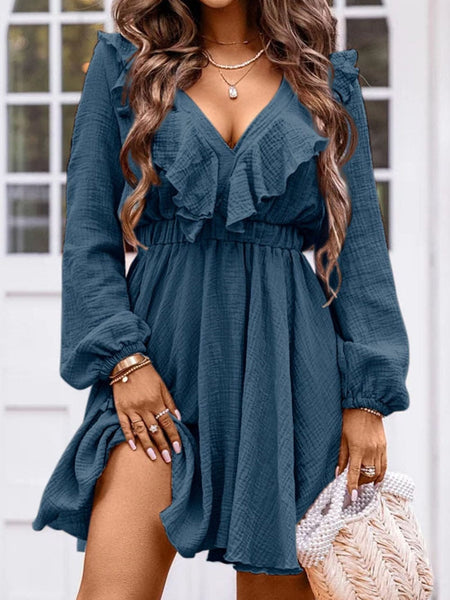 Women's Blue Ruffle Mini Dress with Long Sleeves and V-Neck