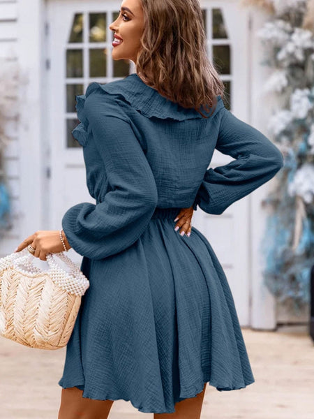 Women's Blue Ruffle Mini Dress with Long Sleeves and V-Neck