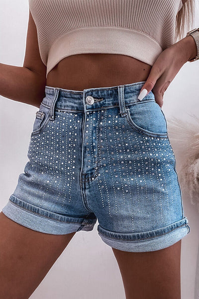 Women's Blue Sparkle Denim Shorts with Rhinestone Accents