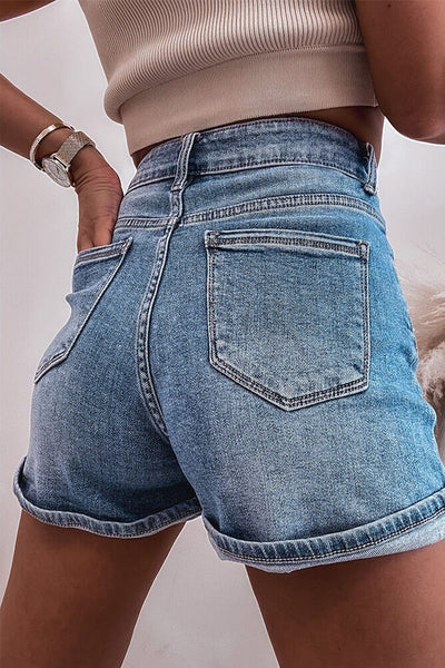 Women's Blue Sparkle Denim Shorts with Rhinestone Accents