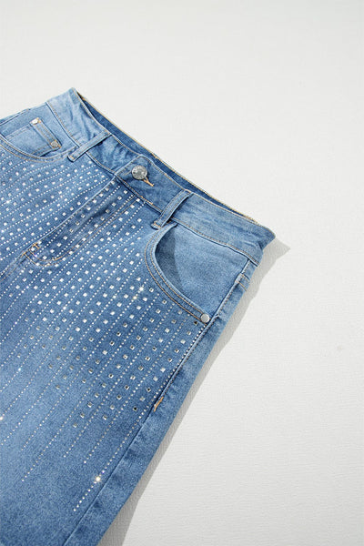 Women's Blue Sparkle Denim Shorts with Rhinestone Accents