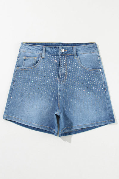 Women's Blue Sparkle Denim Shorts with Rhinestone Accents