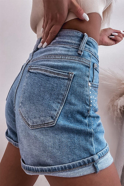 Women's Blue Sparkle Denim Shorts with Rhinestone Accents
