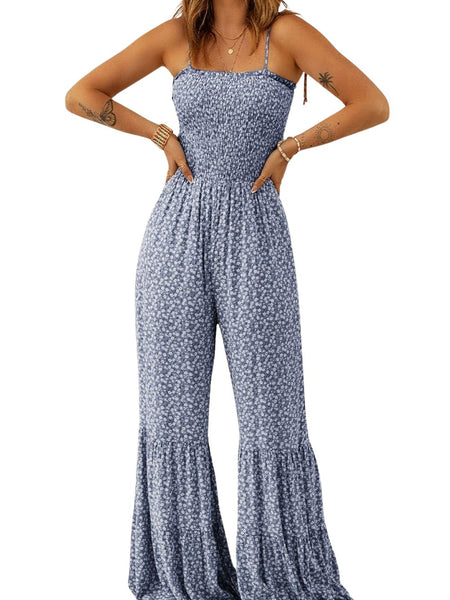 Blue Twilight Floral Dream Jumpsuit with Smocked Bodice and Delicate Straps