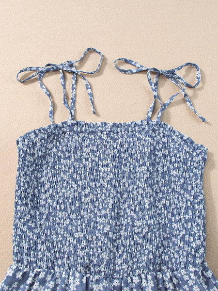 Blue Twilight Floral Dream Jumpsuit with Smocked Bodice and Delicate Straps