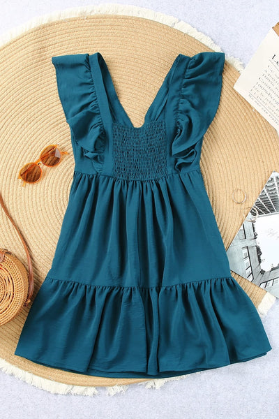 Temperament Pleated Slim Elegant Solid Color V Neck Midi Dress