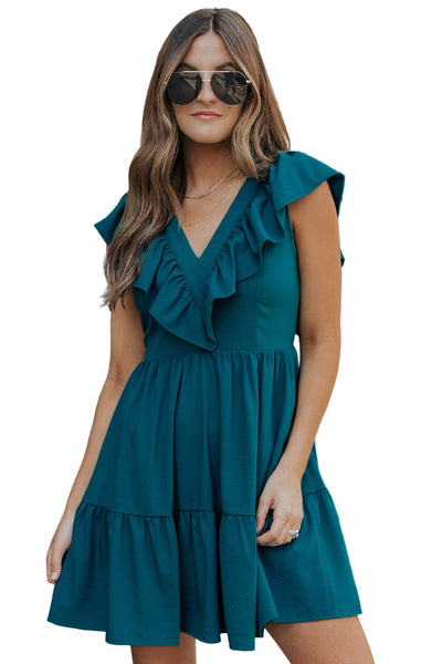 Temperament Pleated Slim Elegant Solid Color V Neck Midi Dress