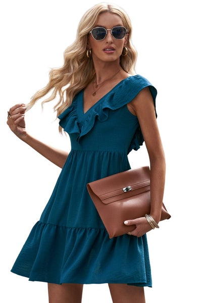 Temperament Pleated Slim Elegant Solid Color V Neck Midi Dress