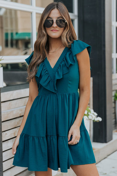 Temperament Pleated Slim Elegant Solid Color V Neck Midi Dress