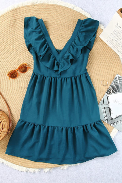 Temperament Pleated Slim Elegant Solid Color V Neck Midi Dress