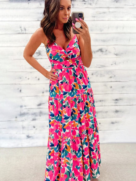 Elegant Printed V-Neck Maxi Dress with Adjustable Sling