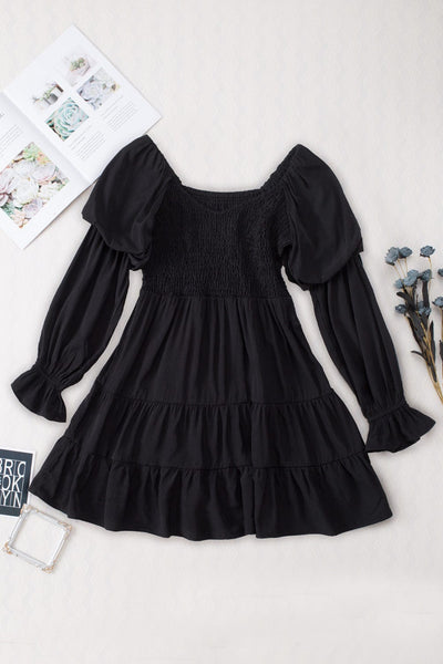 Women's Bohemian Black Ruffled Mini Dress with Smocked Details