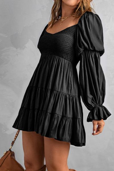 Women's Bohemian Black Ruffled Mini Dress with Smocked Details