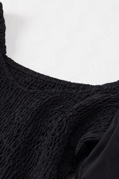 Women's Bohemian Black Ruffled Mini Dress with Smocked Details